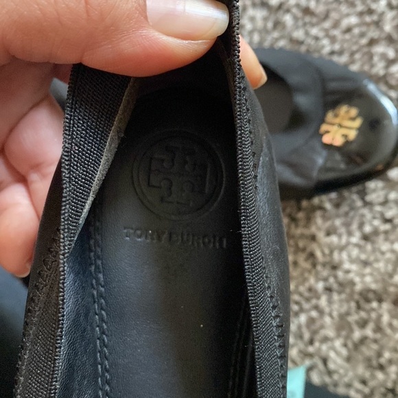 Tory Burch Jolie Ballet Flat Elastic Black Leather Patent Gold - Picture 9 of 11